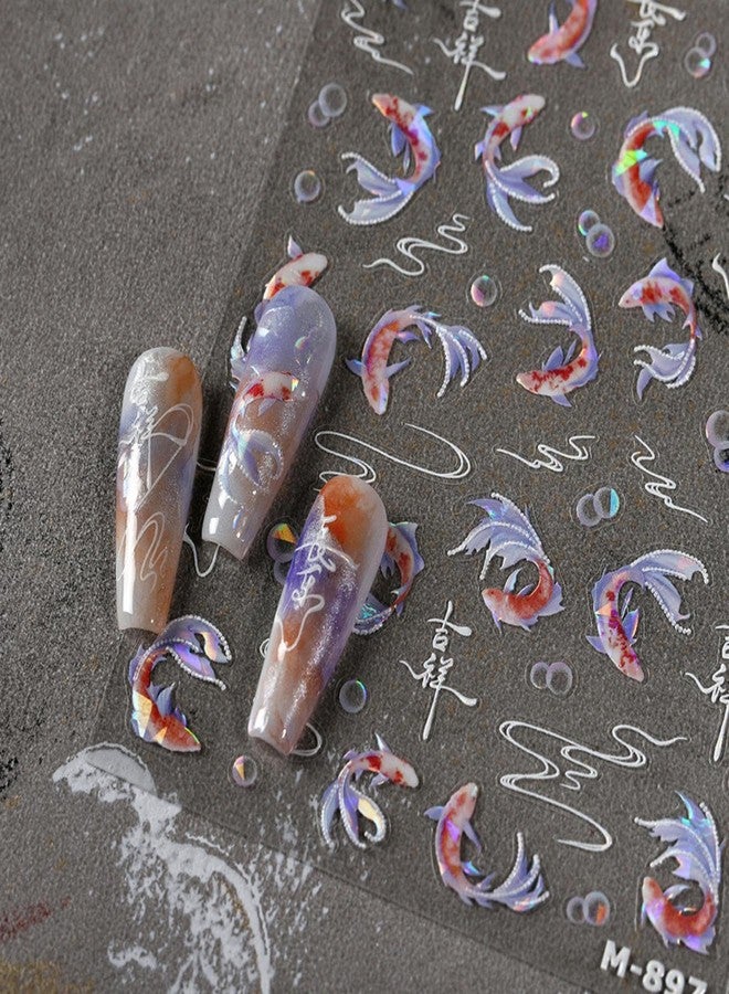 Maigitur 5D Embossed Fish Nail Stickers Koi Nail Art Stickers Self-Adhesive Chinese Nail Decals Chinese Style for Nail Art Bubble Nail Supplies Spring Stickers for Women Girls DIY Manicure - Image 3